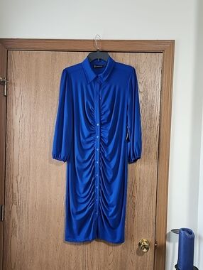 New York & Company Blue Ruched Button-Front Dress